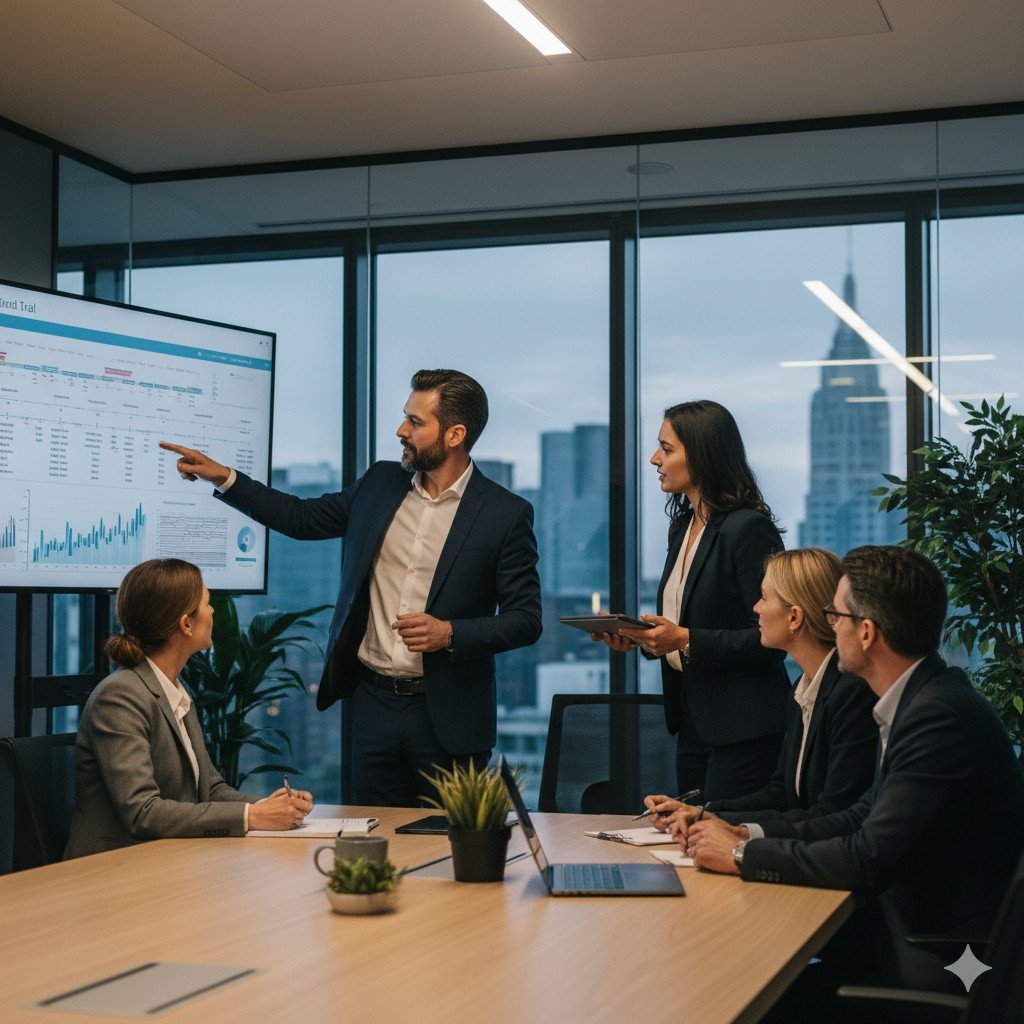 Synova Pharma team in a strategic meeting with a city skyline in the background